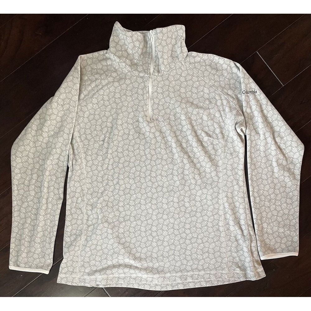 Columbia Fleece Pullover Women XL Grey Geometric 1/4 Zip Mock Neck Raglan Outoor